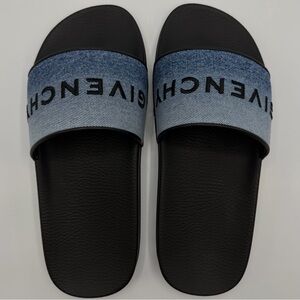 NEW GIVENCHY Embroidered Denim Blue Ombre Logo Rubber Leather Flat Slides EU 40